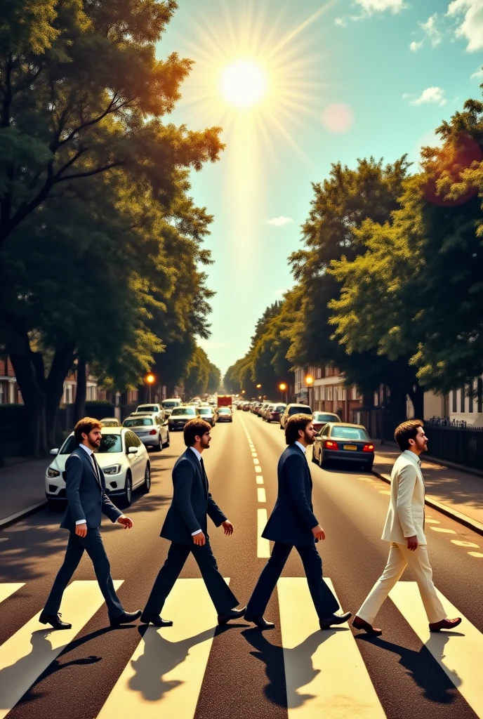 photo of the beatles on the famous abbey road street walking towards god
