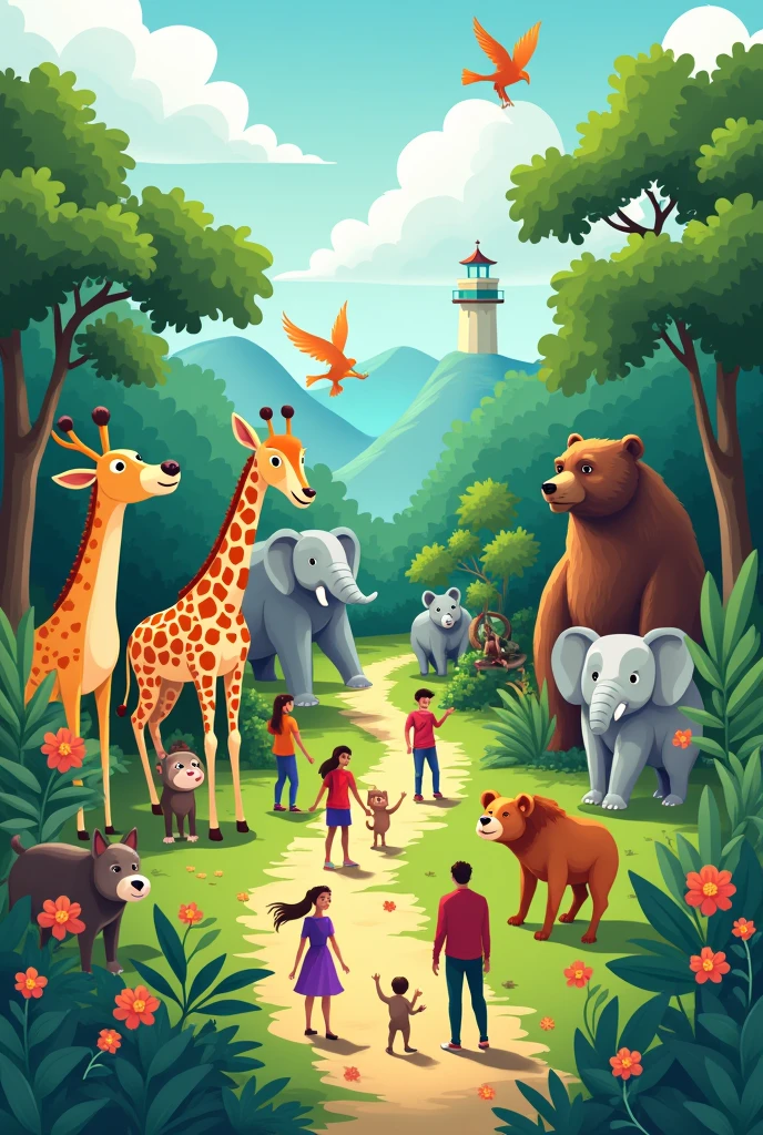 we have wild animals around us 
Animals , earth , easy , illustration,  humans , jungle , monkey , giraffe , elephants,  deer , dogs , birds , dogs , cats , bear , beautiful,  illustration art , simple illustration 