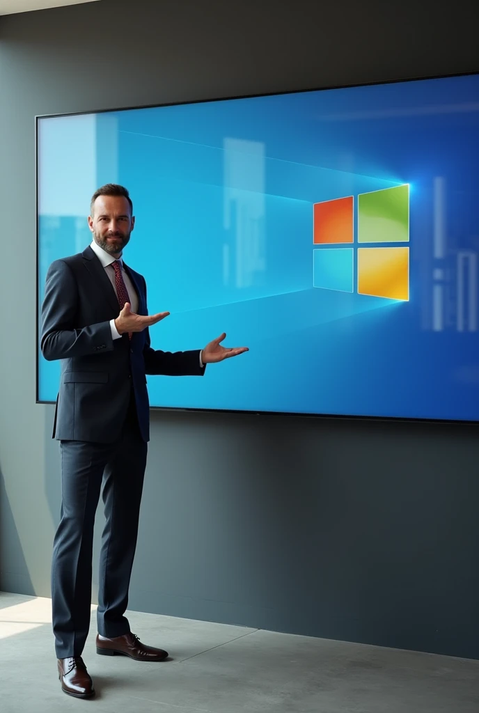 A man in a suit showing the Microsoft logo on a screen