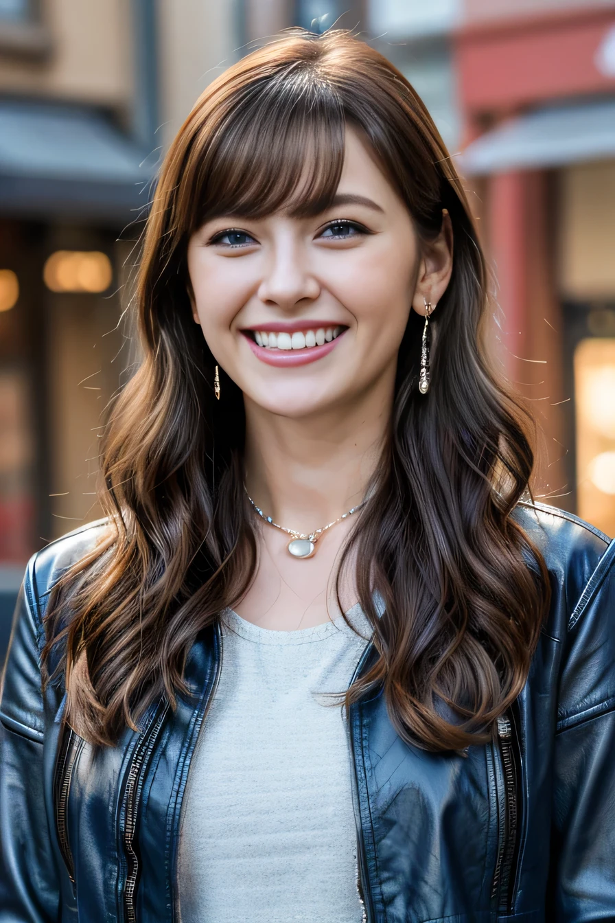 Highest quality, masterpiece, Ultra-high resolution, Beautiful Caucasian Woman、smile、Beautiful teeth alignment、Blonde Hair、blue eyes、hairstyle semi long、Wavy Hair、leather jacket、shirt、Ear piercing、necklace、The background is a town street
