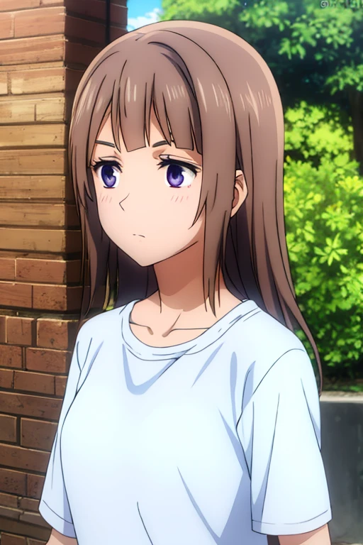 Brown chocolate hair, lilac eyes, normal clothes