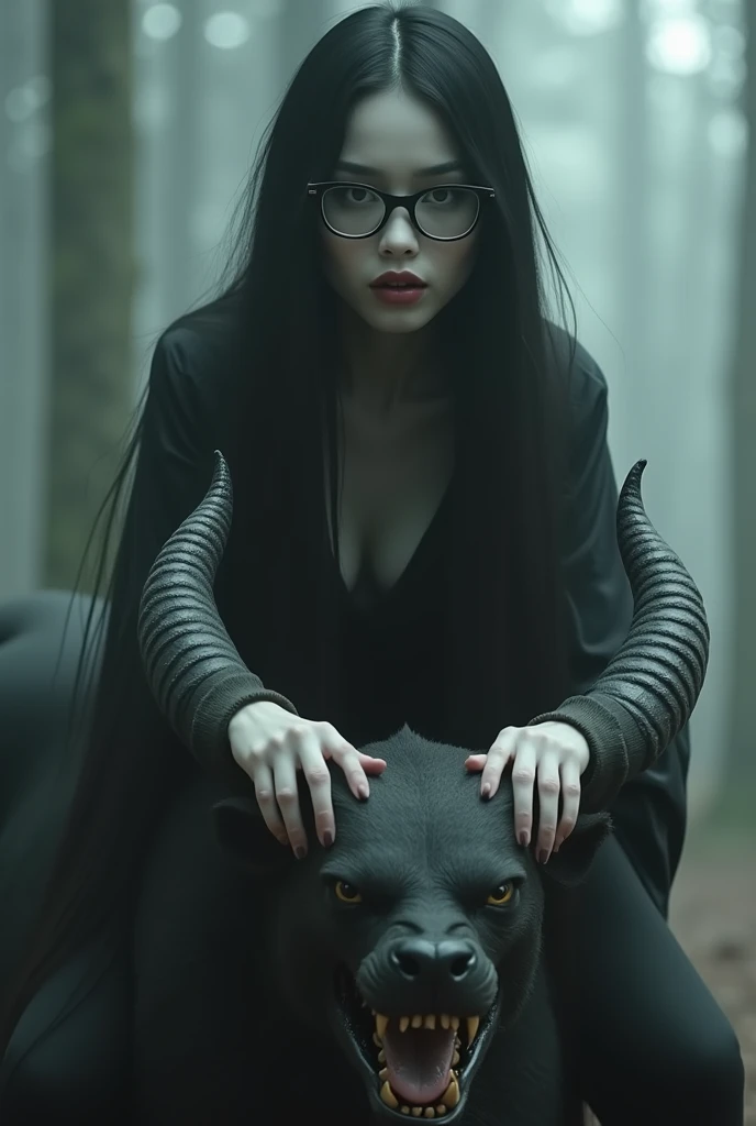 editorial photography,super detailed background,Super realistic,double exposure,depth of field,beauty super slender skinny vibes,soft focus gray tone,narrative scene,unclad body,open lips,very long straight black hairstyle,glasses,fine white skin,female straddle his back and grab her servant demon horns,