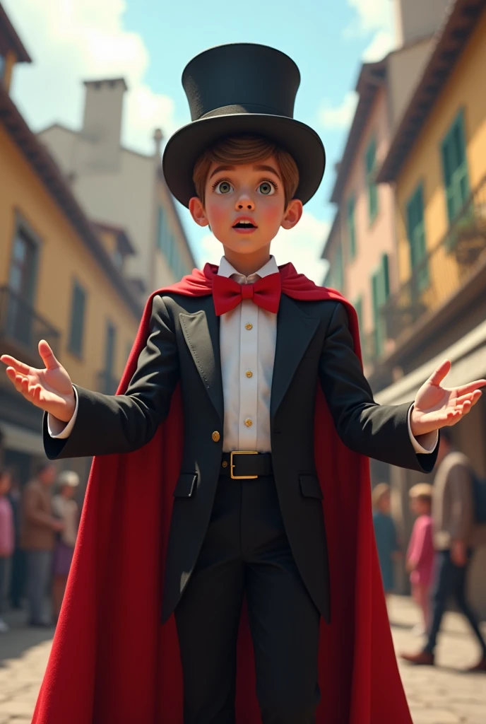 I need a realistic image of a young ager reciting poems with great drama in a square, He should be dressed as a magician, with a black suit, red cape white shirt, red bow tie and tall top hat