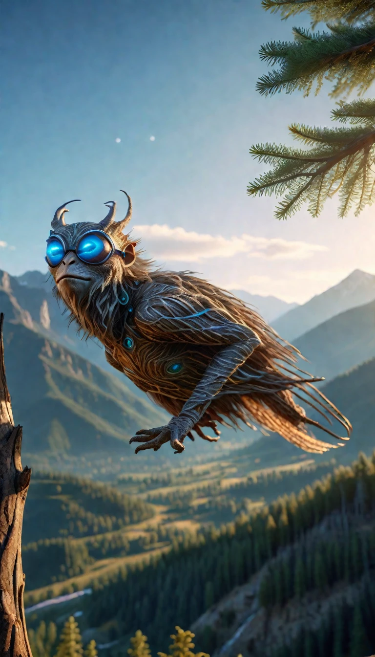 A four-eyed humanoid creature stands on a tree branch in the mountains.(best quality，4K，8k，High level，masterpiece：1.2），Ultra Detailed，（lifelike，Photo real，Photo real：1.37），Highly detailed animals，Complex patterns，Realistic lighting
