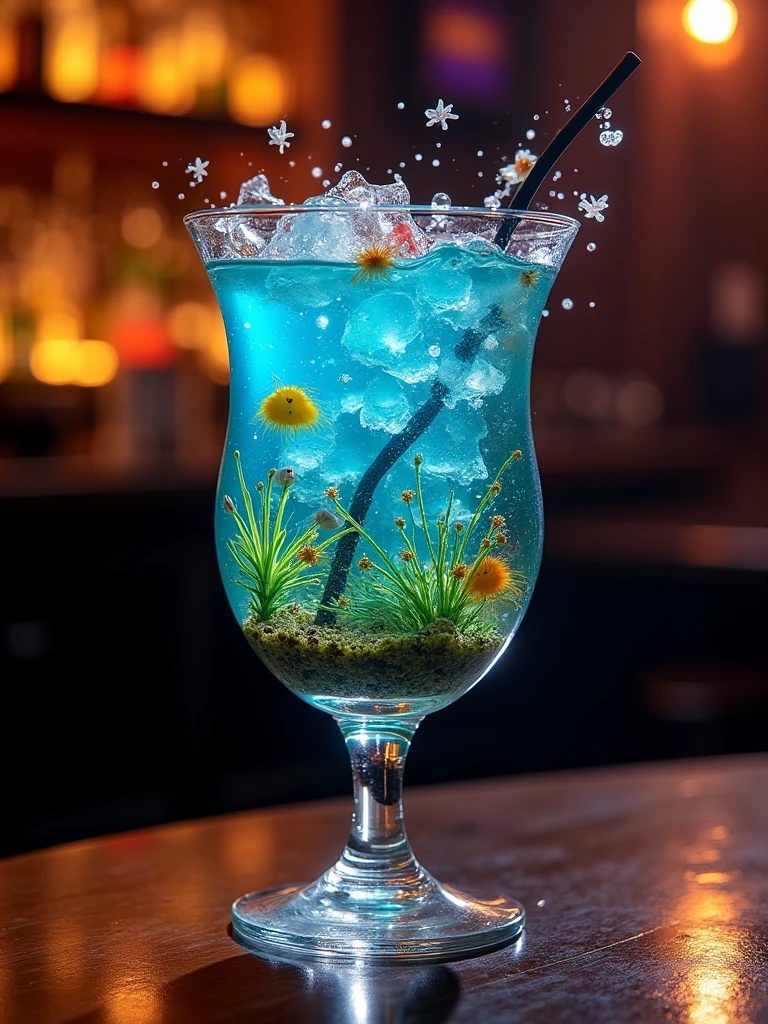 When I drink this cocktail I feel like I am drinking a whole ecosystem. Colorful creatures swim in its tall crystal clear glass. The backlight in the pub makes them so much more interesting.