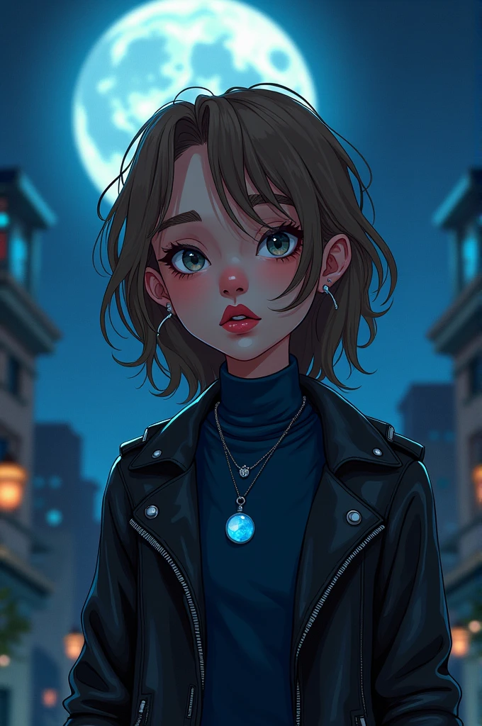 Young Brazilian human with alternative grunge style in normal clothes fascinated by Greek mythology and supernatural creatures, deep connection with the dark forces of the night, A horror RPG, mystery and investigation set in modern times, the basic image, occultist, medium hair, light brown hair color, very fair skin, moonstone necklace, at night with the moon, generally happy, wearing a navy blue long sleeve turtleneck shirt, leather jacket, outgoing, more Cartoon, artistry, animated cartoon, piercings