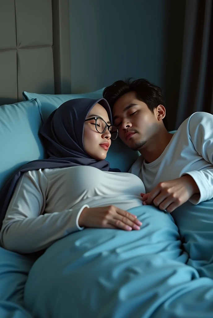 Highly detailed CG Unity wallpaper,matured malay woman in hijab,45 year, glasses, big breast, naked Next to him is a male his hand is tucking in the vagina girls, sleeping in bed portrait photography, lying in bed naked, mid shot photo, ultra detail, professional photograph with professional lighting, smile, light blue bed, bedroom, sexy seducing sleep pose, slim,128k