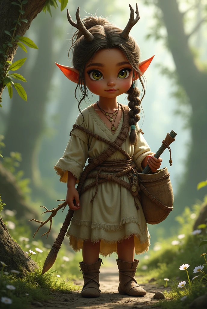 Female Human Druid character, Brown skin and light brown hair with light streaks, one green eye and the other brown, small but very small, even horns that resemble branches . Has a strong connection with nature. wears a peasant dress , Has a belt where she carries her weapons made of recycled materials she finds,  Carries a bag made of tree bark.