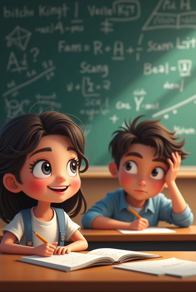 A math class, A happy girl taking notes and a boy scratching his head in confusion