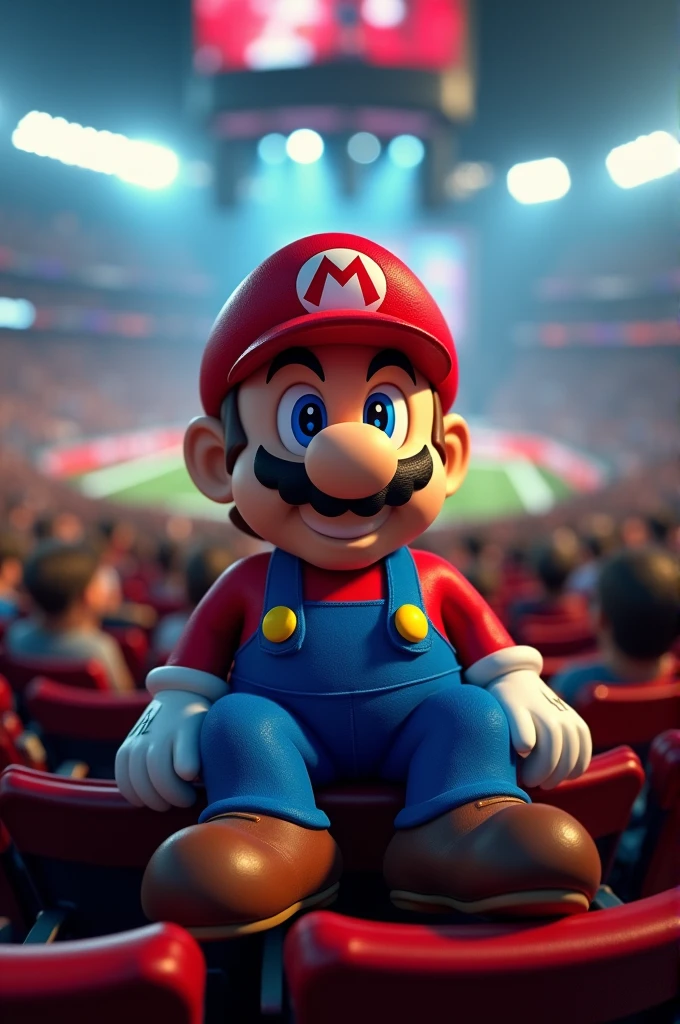 Super Mario high on edibles while sitting in a crowd at Gillette stadium, watching a rock band playing live