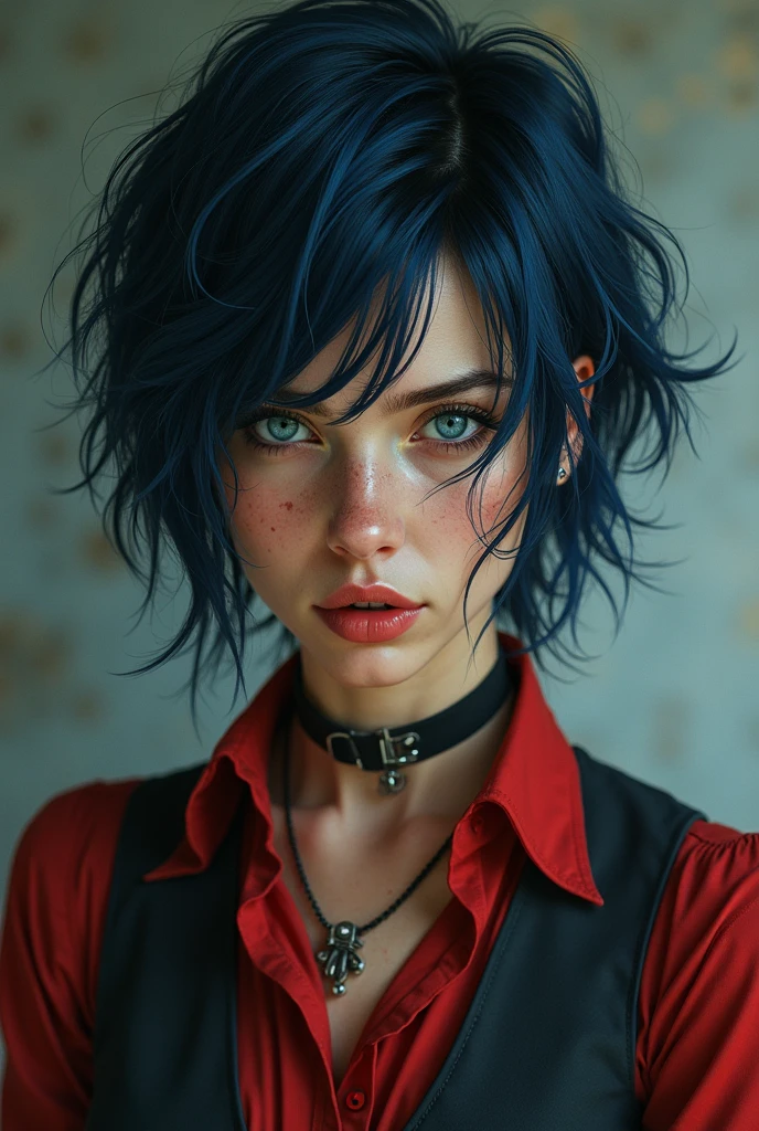 adult  woman, has short, messy hair, dark blue color , eyes with pool blue iris, has a scar on her right cheek. Has a clear, soft and well-maintained skin, with scars and tattoos . The girl is dressed in a red dress shirt with black pieces, over a dark vest and dark blue pants that go with the look from below,


