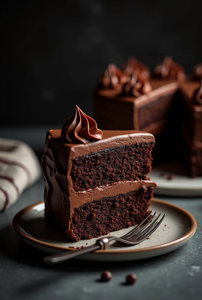 cinematic film still chocolate, chocolate cake, dark background, quality photo, moist texture, frosting, studio photo, slice . shallow depth of field, vignette, highly detailed, high budget, bokeh, cinemascope, moody, epic, gorgeous, film grain, grainy