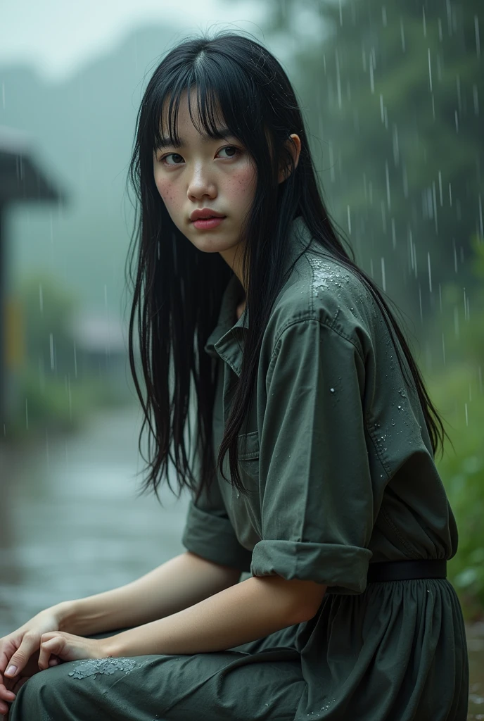 (photorealism:1.2), Japanese woman, 40 years old, a little fat woman, not looking at camera, some spots on the face, not putting on make-up, sitting in the rain, wearing wet dress and skirt and Dr.Martens ancle boots, black long straight, outdoors, soft lighting, relaxed pose, realistic, intricate details, cool colors