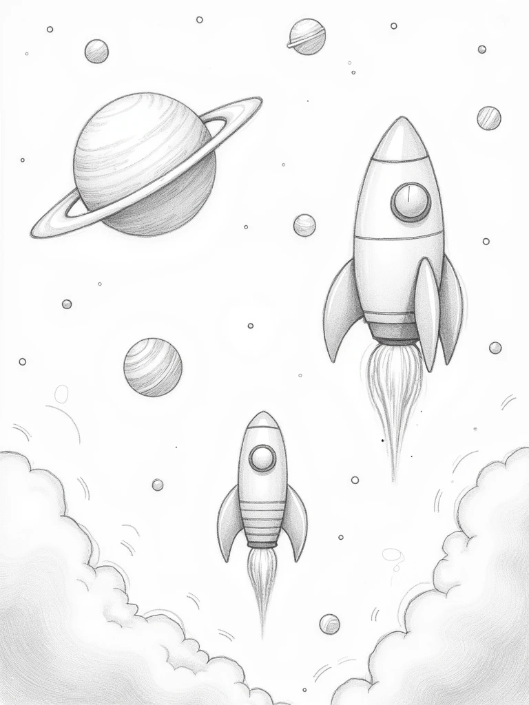 a background with several drawings related to space, with rockets, planets, stars. drawing made in pencil.