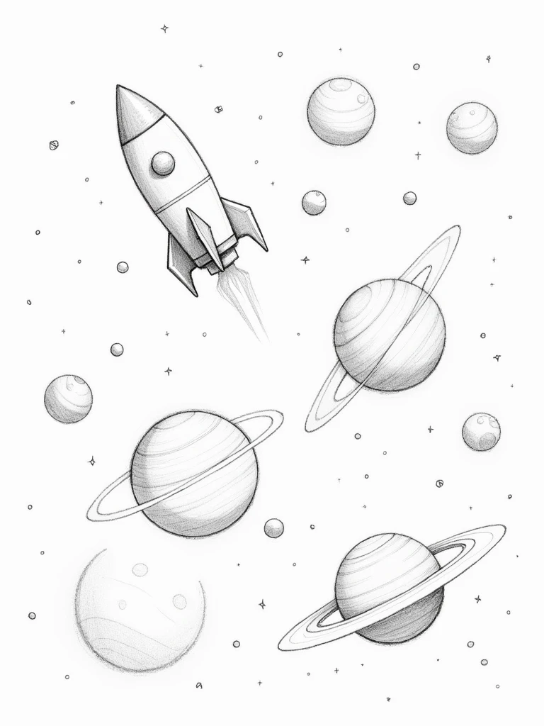 a background with several drawings related to space, with rockets, planets, stars. drawing made in pencil.