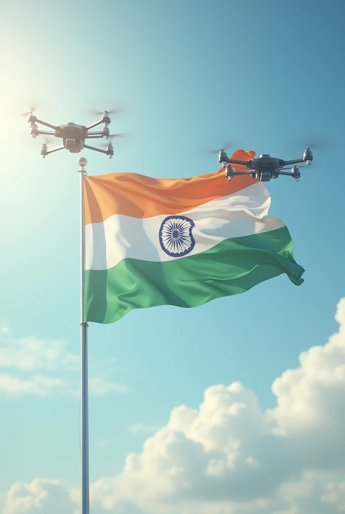 Create a image in which Indian flag is in sky hold by two drones 