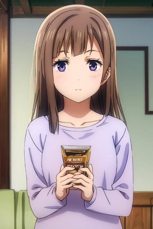 Brown chocolate hair, lilac eyes, normal clothes