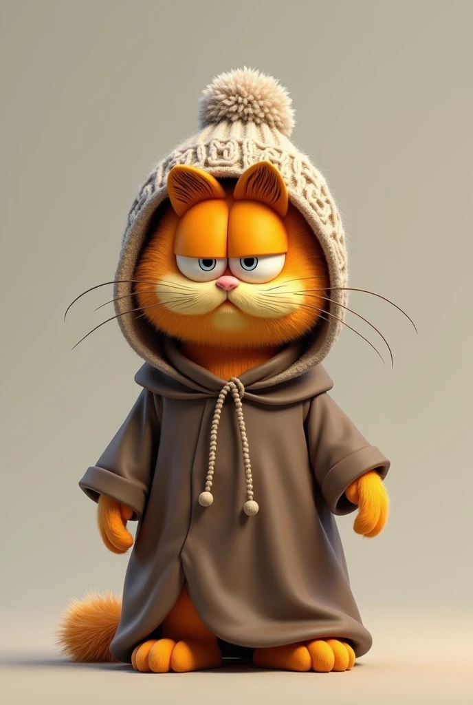 Garfield wearing a beanie and a Don Bosco-style robe