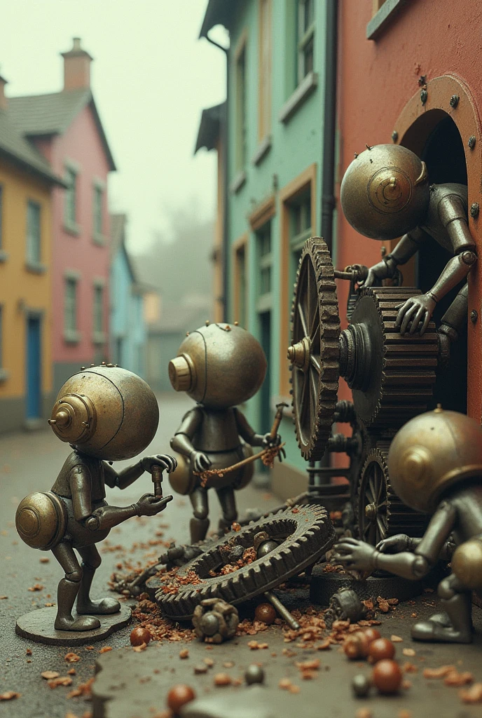 a group of creature with gear head fixing some gears, buildings on the background, pastel colors, surreal atmosphere, dreamcore, raw photo, film grain, 35mm, shot using 1960s camera