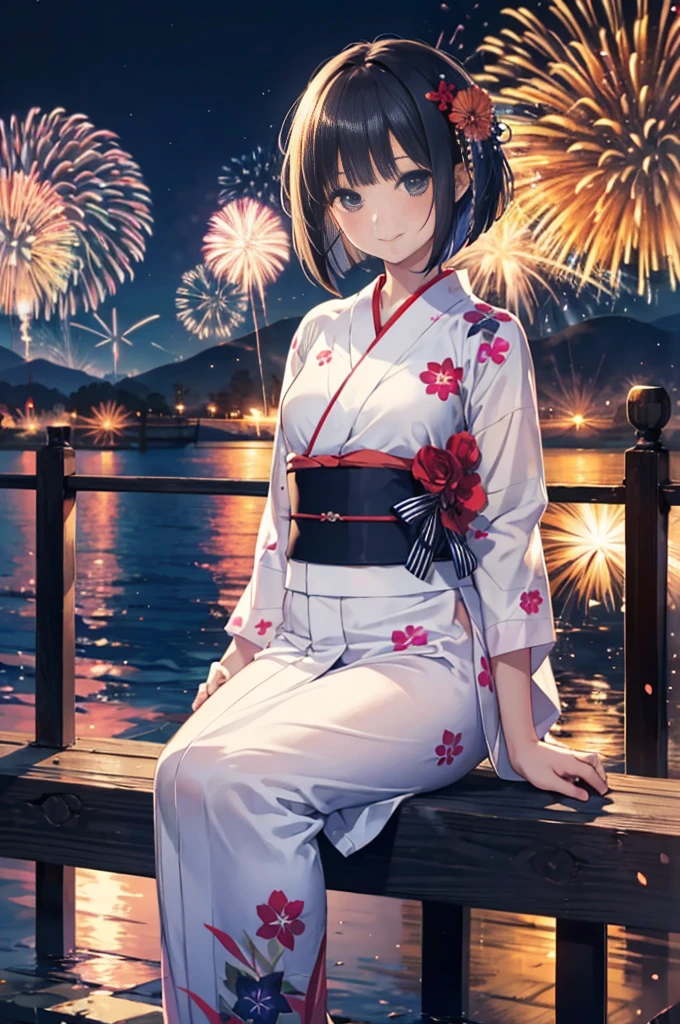 (masterpiece), 4K,woman, yukata,Small breasts,Black hair bob cut,moonlight,Realistic, skinny, smile,sit,((Fireworks display))Chew chocolate banana