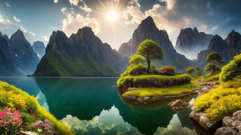 masterpiece, quality, high quality, Highly detailed CG integrated 8K wallpaper, landscape, Outdoor, null, cloud, sun, Nobody, Mountain々, landscape, water, wood, 青null, waterfalls, cliff, nature, lake, river , 多cloud的null, Award-winning photography, Bokeh, Depth of written boundary, High Dynamic Range, bloom, Color Difference, Real, Very detailed, Art Station Trends, CG Trends, complicated, Attention to detail, dramatic, Path of Art