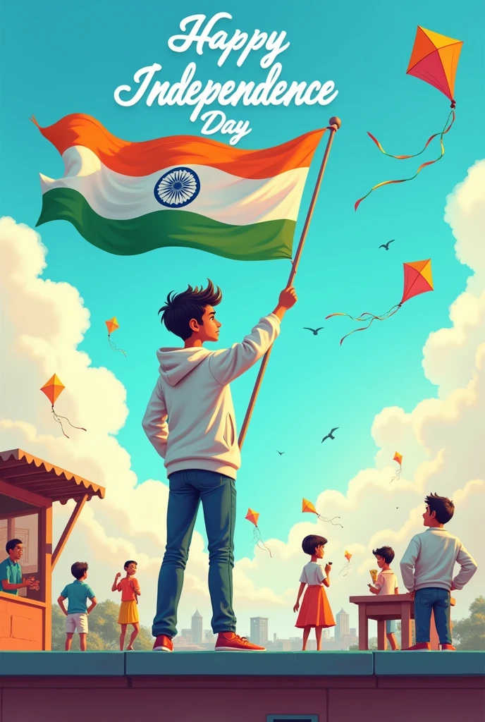 Illustration of a 20-year-old Indian boy standing on a rooftop, holding the Indian flag while watching children play with kites below. He’s wearing a white hoodie with Kowshik written on it, and the sky is clear with a few birds flying. The rooftop has a small tea stall where uncles are chatting, and the text ‘Happy Independence Day’ appears in bold 3D at the top.