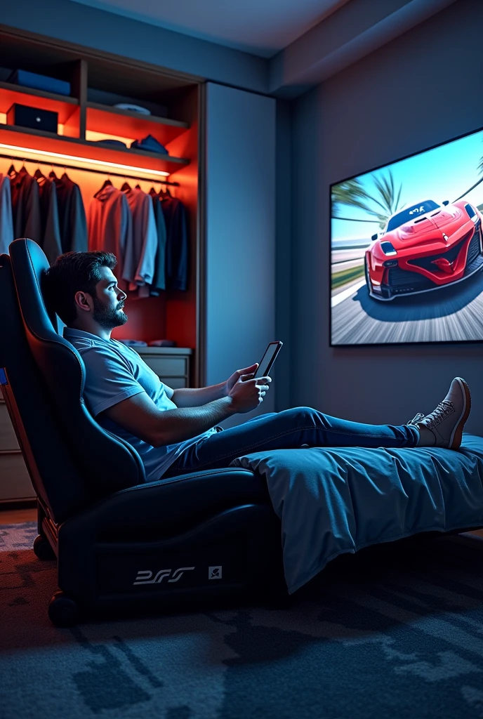 racing simulator, bed, closet, chair, room, racing car, picture RACING