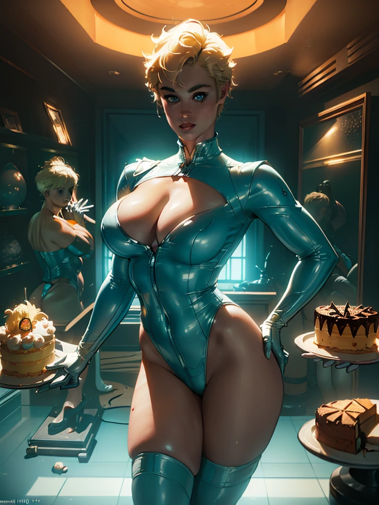 (best qualityer)), ((work of art)), (detailded: 1.4), (absurdrez), Stefania Ferrario as fighter pilot ready for war, White leather cyberpunk clothes, with spectacular abstract designs, defined muscular sculptural body, half thick bare thighs, mouth between open, generous neckline, ((perfect large breasts)), (alluring blue eyes), ((white and orange clothes)), (((short blonde hair)))), long black eyelashes heavy makeup, close to real, pose sexy, fractal background, 2 piece outfit, cake, centred, scale to fit dimensions, HDR (high-range dynamics),ray tracing,nvidia RTX,Super-resolution,Irreal 5, underground dispersal, PBR Texture, Post-processing, Anisotropic filtering, Depth of field, Maximum clarity and sharpness, Multilayer textures, Albedo and Mirror Maps, Surface shading, Accurate simulation of light-material interaction, perfect proportions, octane rendering, two tone lighting, large aperture, Low ISO, White balance, rule of thirds, 8k cru, traje cristiano