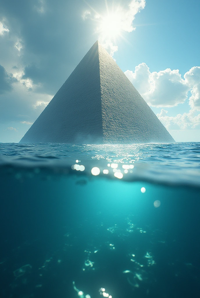 A beautiful scene in the background of sunlight reflecting off the surface of the blue ocean、Create an image that captures the moment when the pyramid emerges from the water.。