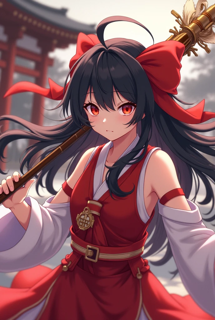 masterpiece, best quality,1girl, red bow, bow, long hair, hair bow, ainu clothes, solo, hairband, black hair, fingerless gloves, short sleeves, gloves, sash, pants, bangs, red hairband, weapon, breasts, brown eyes, white pants, japanese clothes, nakoruru, light smile, officials art, good composition,m, detailed portrait, portrait, bokeh, forest with river, sun behind back, pencil style, traditional brush, samurai, onmyoji style, high resolution, dramatic lighting and shadow, sun flared, blurry foreground, blood plashing around, looking at viewer, hands behind back, arms behind, hands not in view