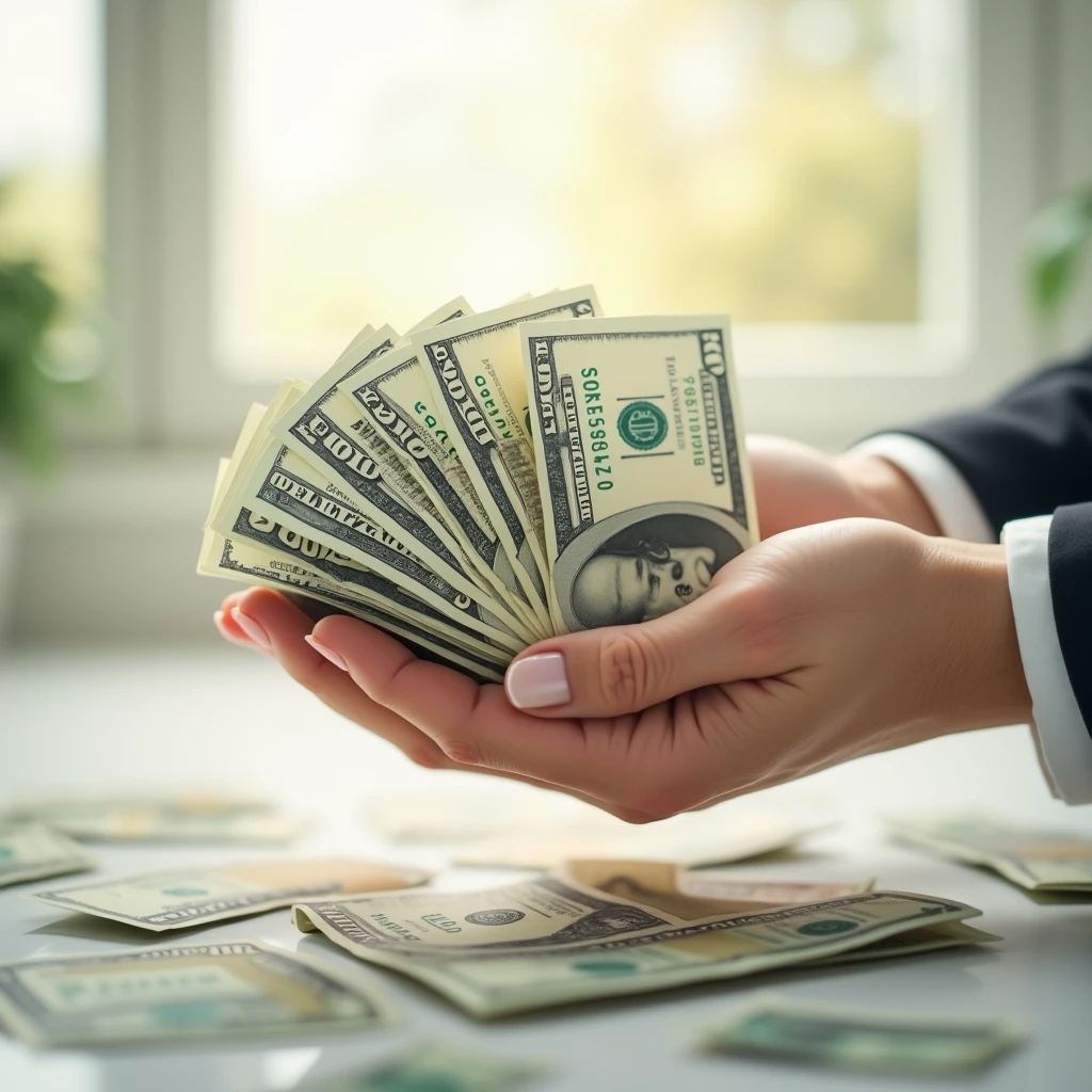 create a high definition image that captures a hand with plenty of money | The background should evoke a light and free atmosphere | The composition should emphasize richness