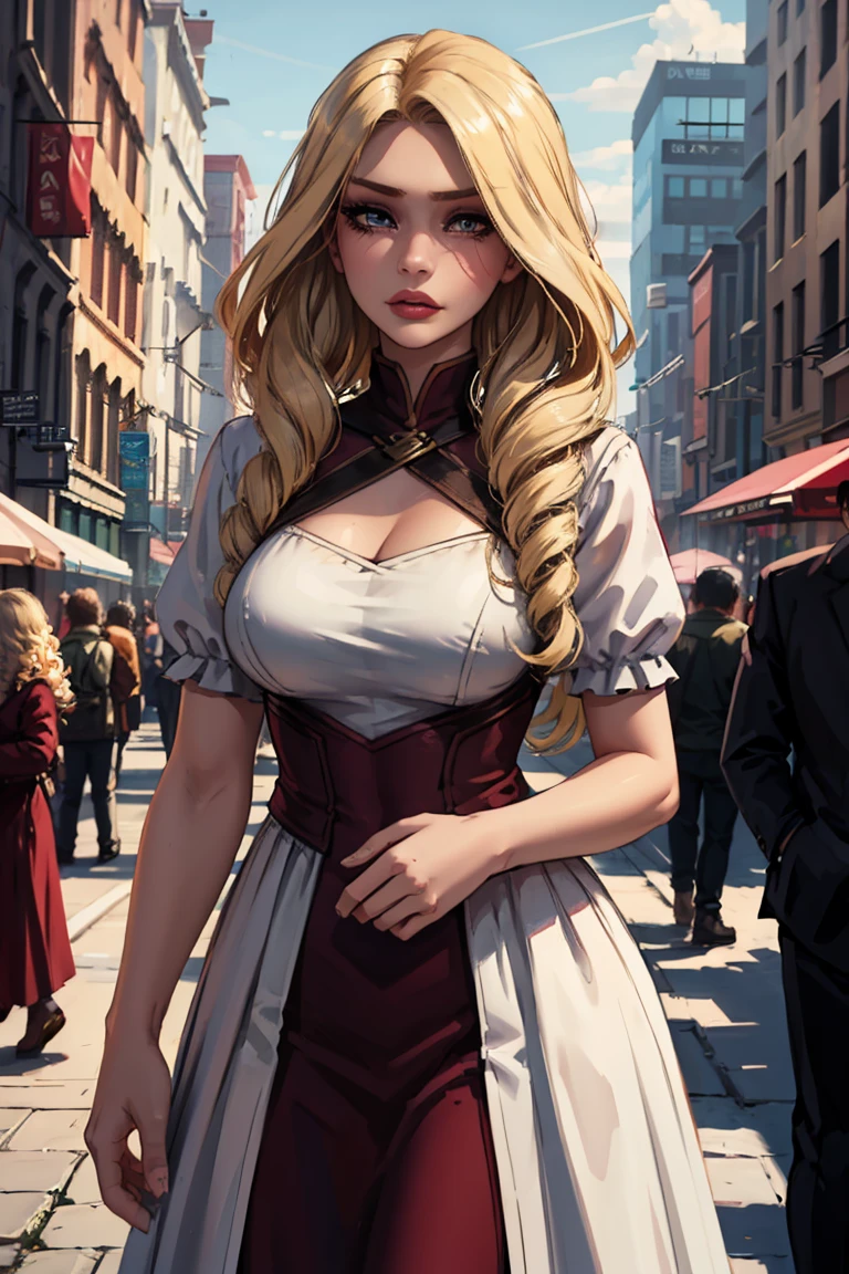 Masterpiece, best quality, 20 years old girl, young,  female, face in center of photo, stoic, heavy make-up, clitter lips, eye- makeup, dress, curly, long flowing hair, blonde hair, outdoor city setting, burgundy eyes, average looks