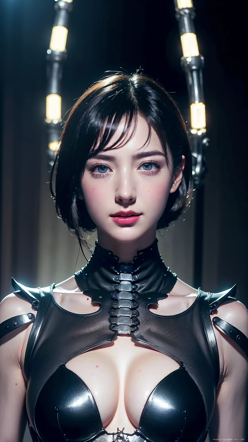  (Large breasts are not visible to the viewer), (Separate divisions),(Cute smile, lips slightly open, showing teeth),Highest quality, masterpiece, Ultra-high resolution, ((Realistic: 1.4), RAW Photos, 1. Cyberpunk Girl, Glowing Skin, 1. Mechanical Girl, (Ultra-realistic detailed mechanical limbs, Tubes connected to machine parts, Mechanical vertebrae attached to the spine, Mechanical cervical attachment to the neck, Wires and cables connected to the head, Evangelion, ghost in the Shell, Small glowing LED lamp, Global Illumination, Deep Shadow, Octane Rendering, 8k, Ultra Sharp, Metal, Intricate decorative details, Baroque details, Very intricate details, Realistic Light, CGSoation Trend, To the camera, Neon Details, (Android Factory Background), art：H.R. Giger and Alphonse Mucha.