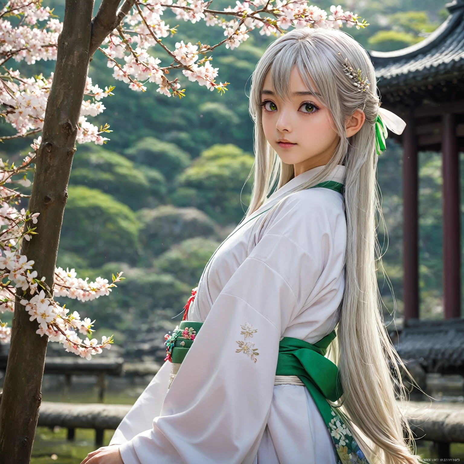 High definition、A pure and beautiful young girl in a shrine maiden's outfit、１５age～１８age、Long silver hair, half green、Full body portrait、Long-hemmed outfit、Large opal eyes、Powerful eyes、Flowers sprout from beneath your feet