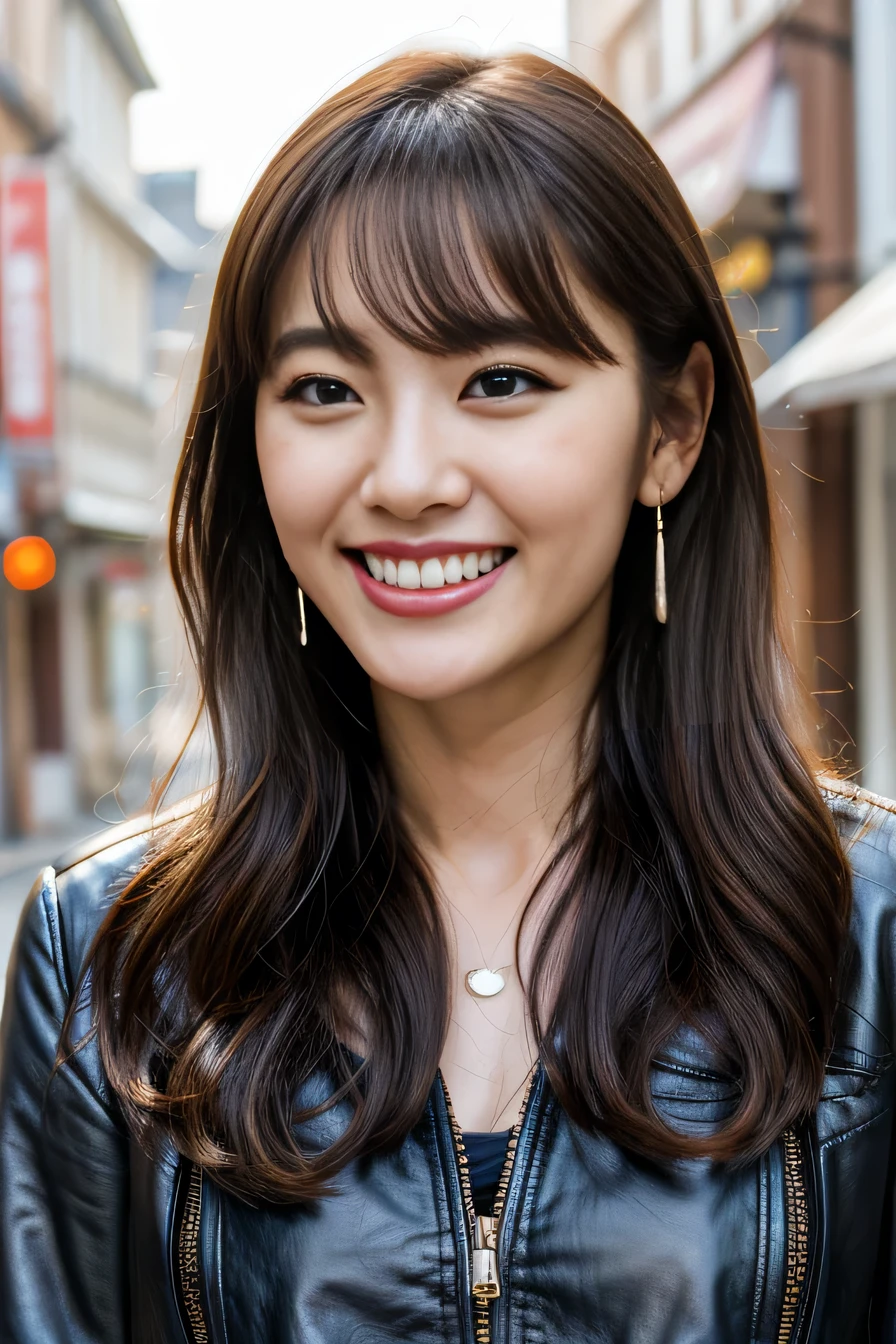 Highest quality, masterpiece, Ultra-high resolution, Beautiful Korean Women、smile、Beautiful teeth alignment、hairstyle semi long、Wavy Hair、leather jacket、shirt、Ear piercing、necklace、The background is the town street.
Preparing... 