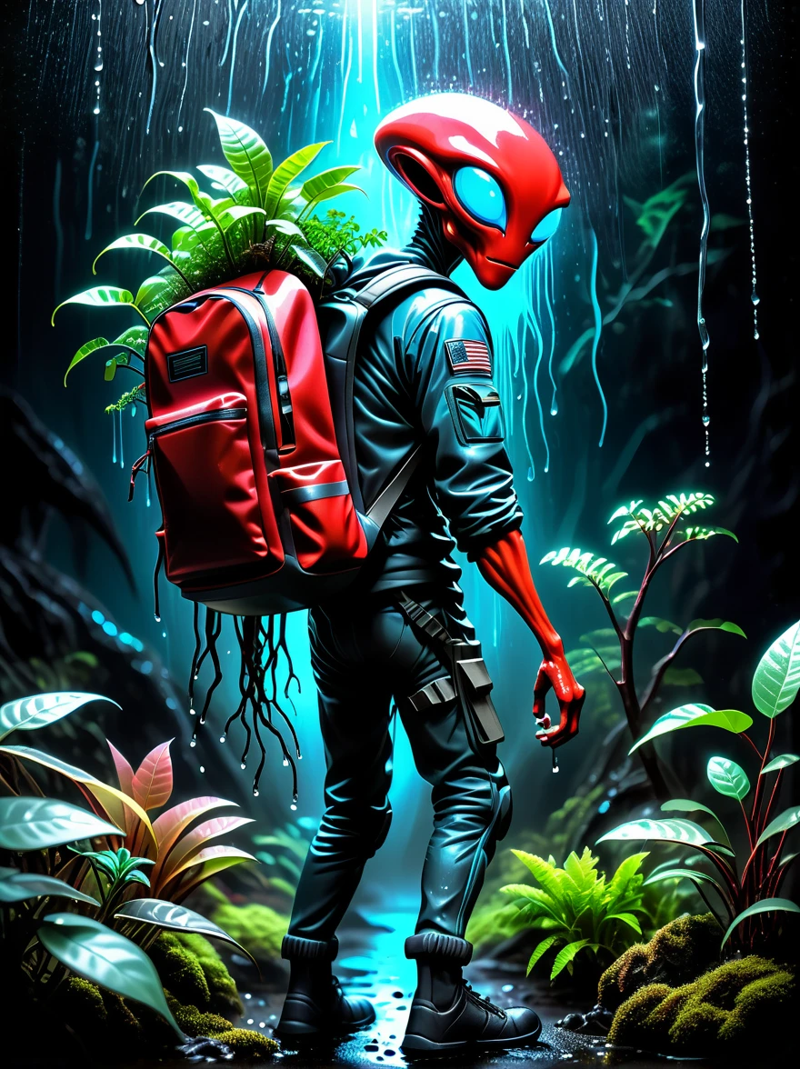 An alien carrying a backpack(Glass sealed backpack:1.3),Be inspired(Bioluminescent Red Fiberglass Tree:1.6)filled with living plants,High contrast,Dark background,Wet and rainy,epic,Moody,