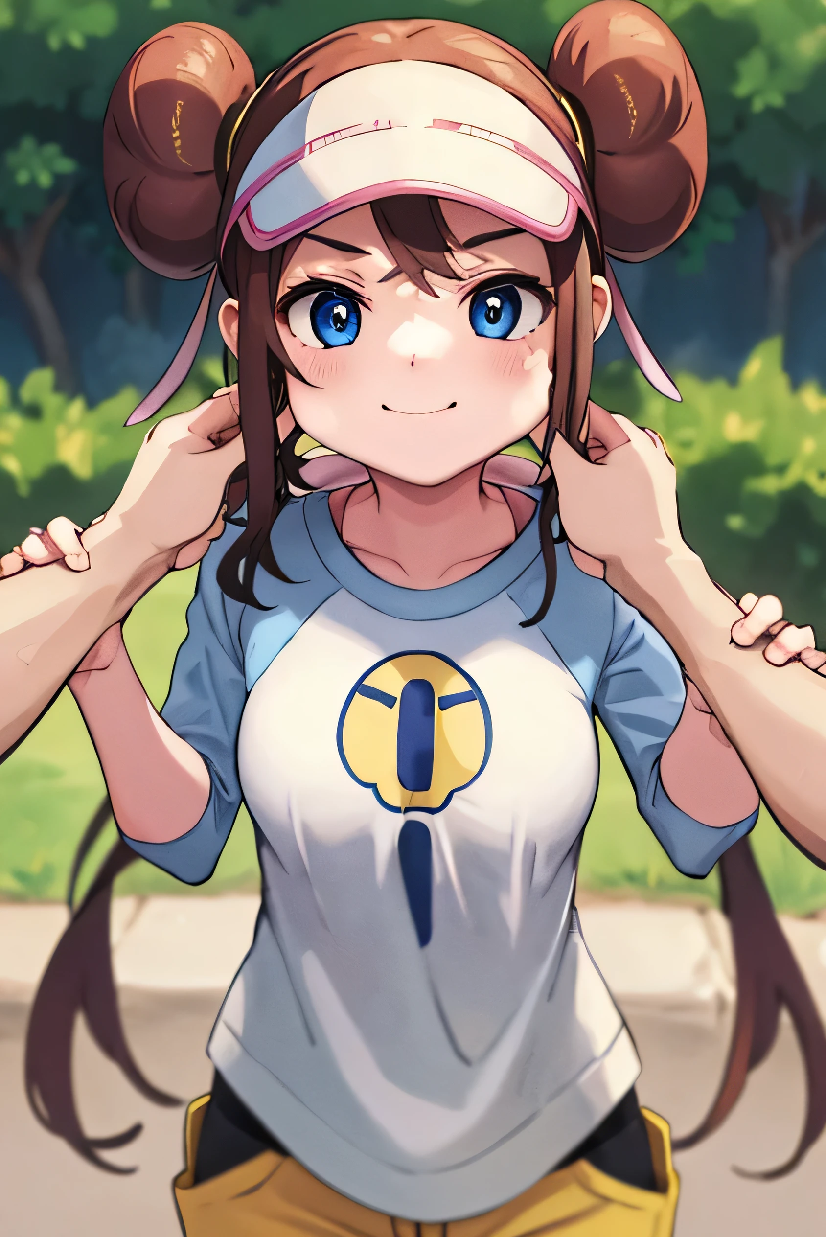 masterpiece, Highest quality, High resolution, B1, Hair Bun, blue eyes, Twin tails, Visor Cap, pantyhose, Raglan sleeves, Yellow shorts, shirt, Pink Ribbon, fine grain，(Excellent rendering)， Pink Ribbon, clock, Are standing, Cowboy Shot, Field, monster Ball \(Basic\), smile, Pinch、頬をPinch、Pull cheeks、Put your hand on someone's face、Outdoor、garden、blush、angry veins、POV shooter、Body lost hand、Cowboy Shot、solo、Spectators Gazing;,Upper Body