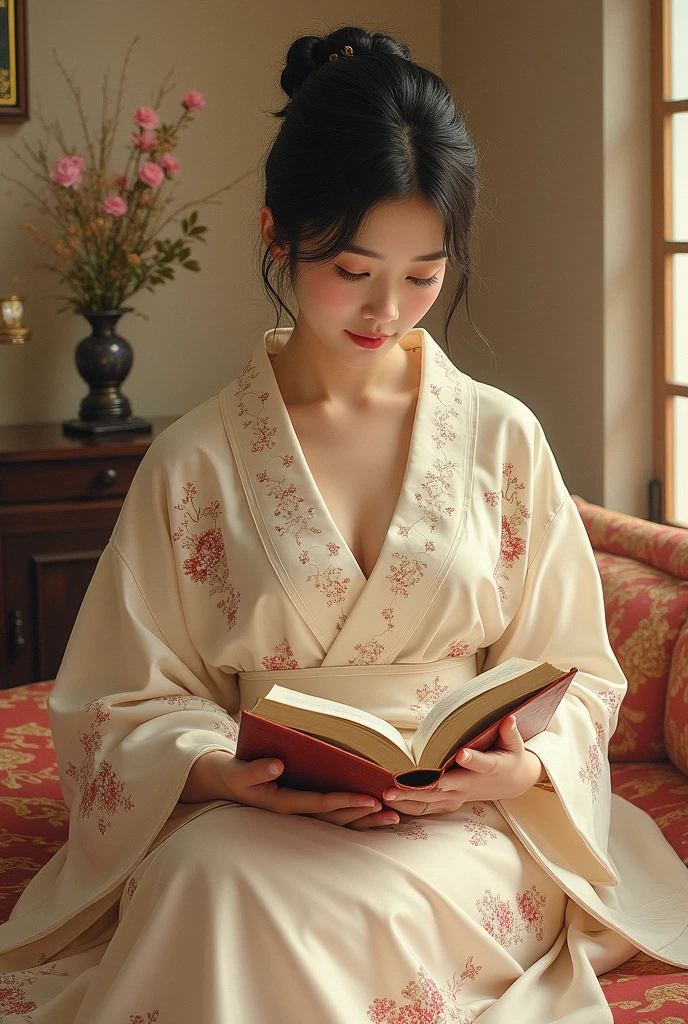 In an elegant home、Wearing an embroidered silk nightgown、A Japanese woman quietly enjoying reading。Japanese painting style。
beautiful woman painting style like Yasunari Ikenaga。