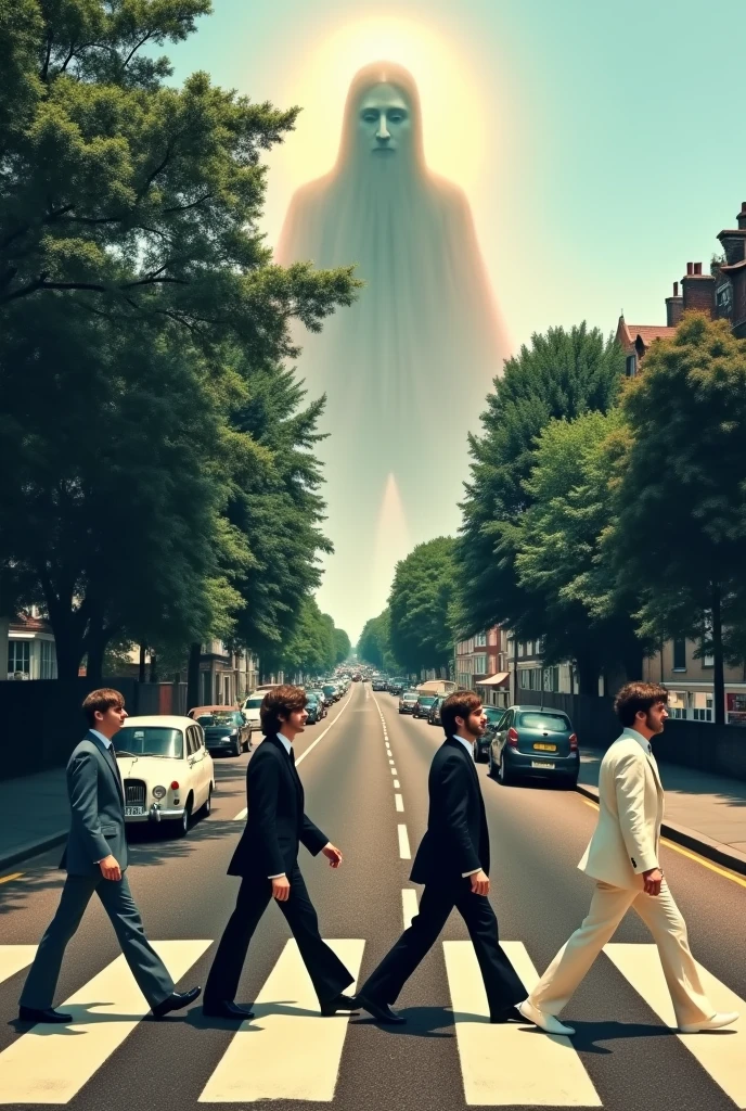 a photo of the beatles on the famous abbey road street walking towards god and that god can be seen with a face and body