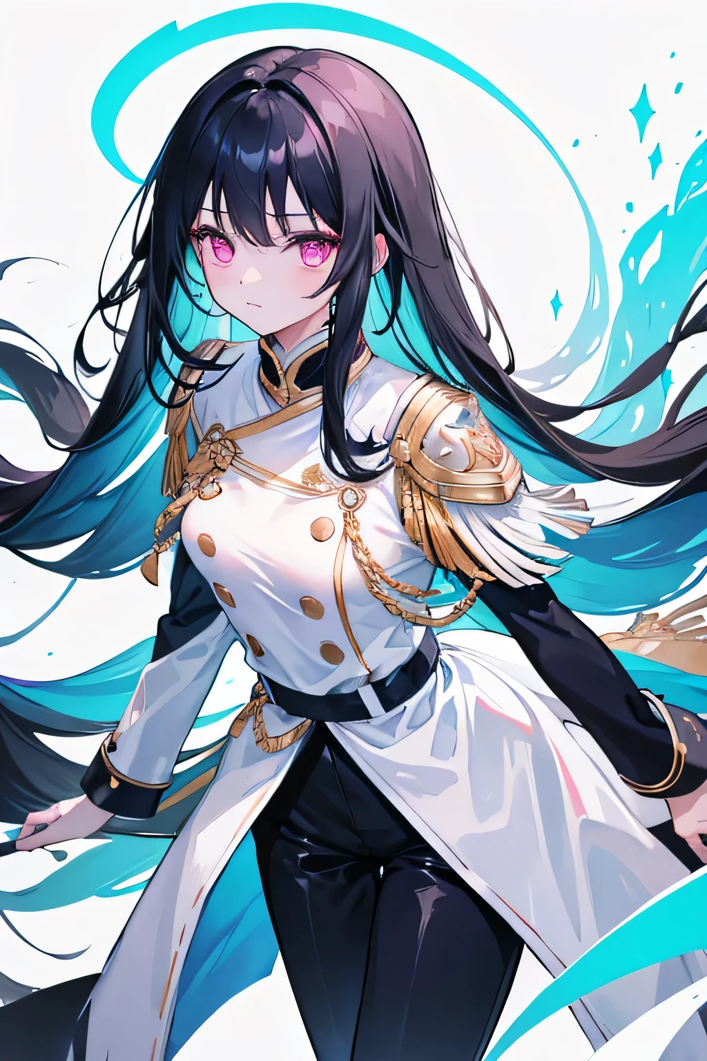 Long black hair、cyan and pink Eyes, white and blue knight uniform, black pants