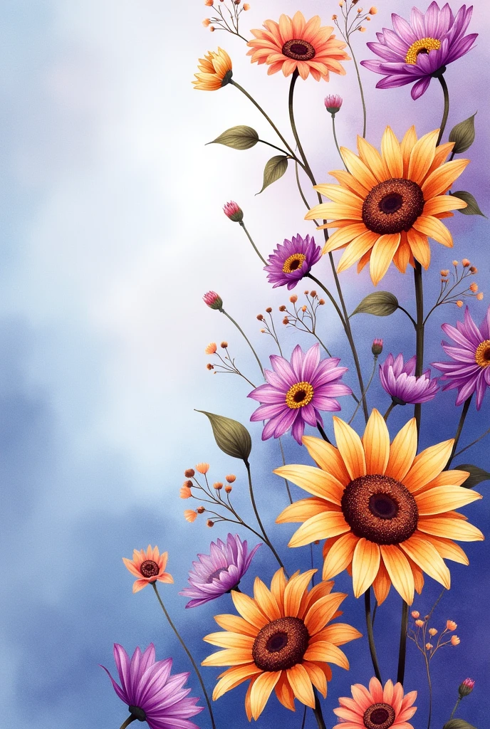 Floral Print Pattern with Purple and Orange Flowers，Watercolor Flowers on Blue Background，Sunflower and Chrysanthemum，Floral Pattern Shirt，Close-up of Purple and Amber Floral Print，Digital art，Detailed watercolor painting，Floral Design Fabric，Purple and Brown Color Scheme，Purple and gold，Delicate Floral Print，Floral Print on the Right Side。 --ar 95:128