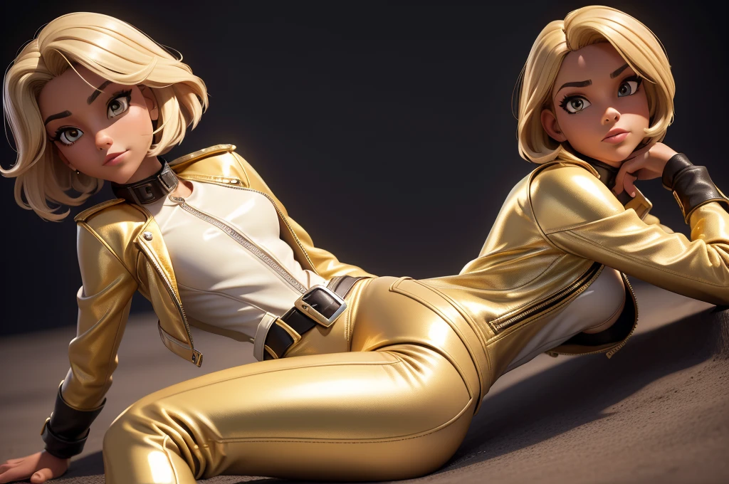 obra prima, melhor qualidade, ((only one woman,)) ((elizabeth pipko, dark tan skin, blonde bob hair,)) erect cone tits, ((wearing shiny gold leather biker moto jacket,)) ((jacket has padded shoulders, jacket has stiff high collar,)) (((wearing shiny gold leather pants,))) body is very skinny, ((laying down, resting on one hip,)) ((camera back of body view,)) shallow depth of field, highres, HD, 8k, anatomically correct