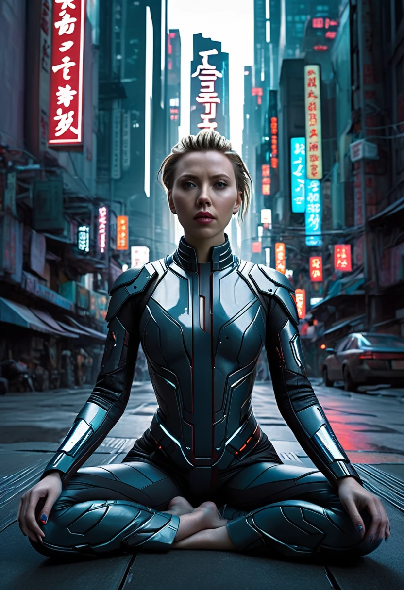 Buddha(played by scarlet Johansson), Meditation in the middle of the metropolis, Cyberpunk city, Cyberpunk meditation