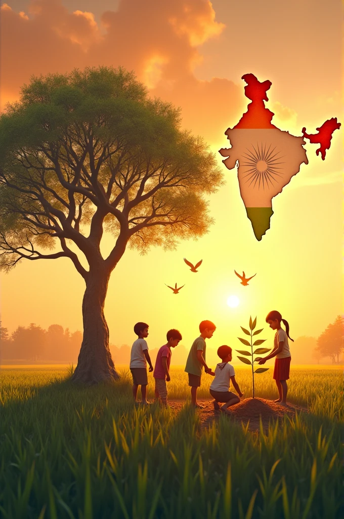 "Create a serene and inspiring image set in a vast rural landscape at sunrise, symbolizing India's agricultural roots and its journey of independence. In the foreground, depict a group of diverse children planting a sapling together, representing the growth and future of the nation. The sapling should have small leaves shaped like the Indian map. Above them, a majestic banyan tree with its branches forming the shape of the Indian subcontinent can be seen, with doves flying out from the canopy, representing peace and freedom. The sky should be painted with the tricolor in a subtle gradient, with the sun rising in the background casting a golden glow over the scene. Add a faint outline of the Indian Constitution’s preamble in the sky, blending into the clouds as a symbol of the guiding principles of the nation."
