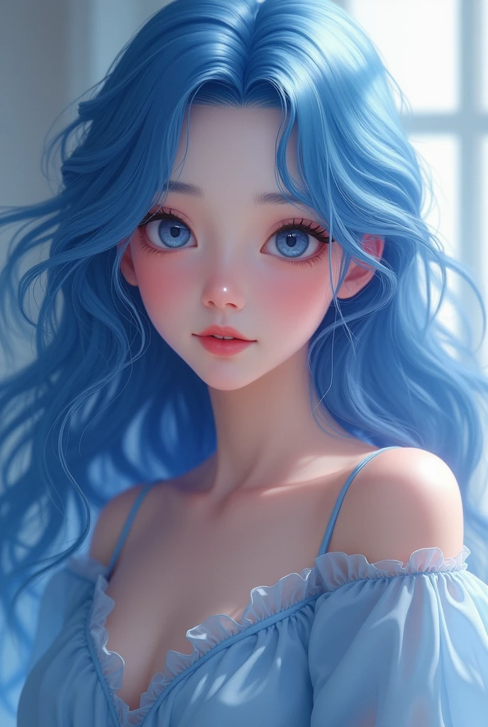 Girl with blue hair, long and wavy , pale skin and sweet look, friendly smile and blue dress