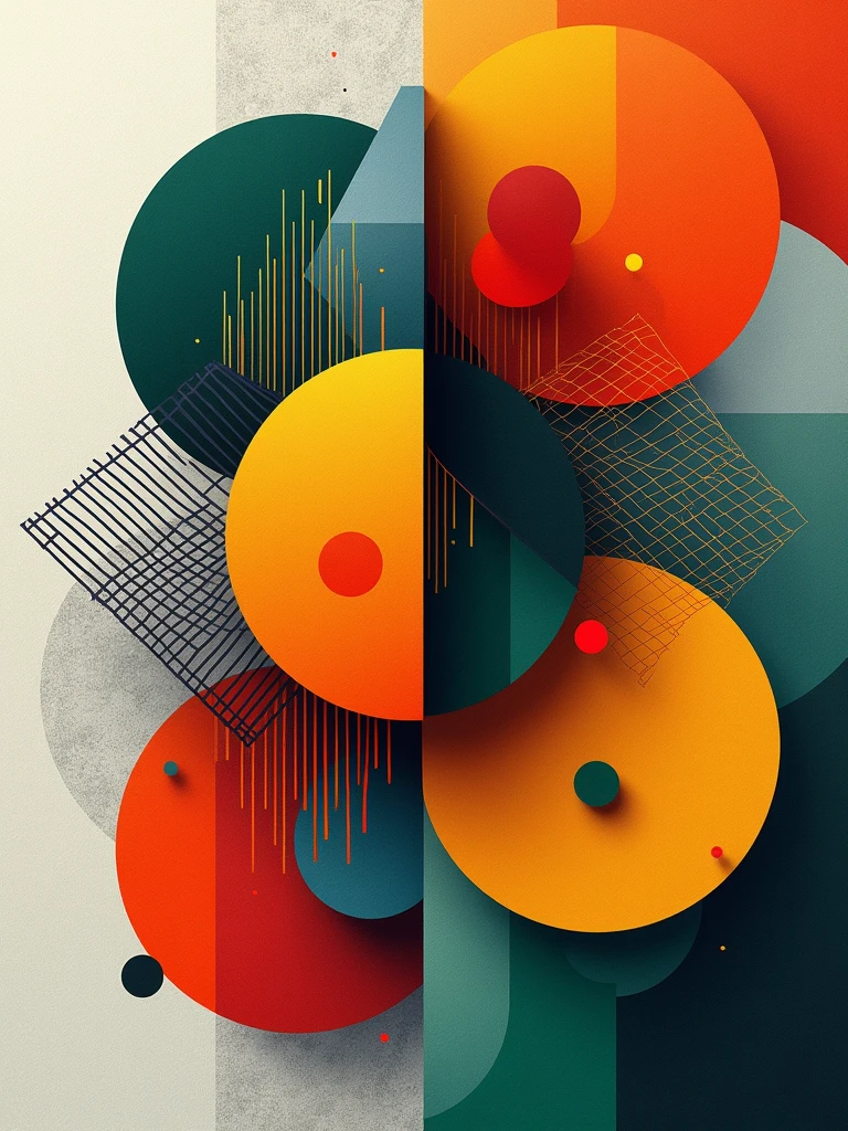 An eye-catching abstract artwork featuring a dynamic arrangement of geometric shapes and vivid colors. The composition includes overlapping circles, sharp-edged polygons, and fluid lines, all interwoven to create a sense of rhythm and flow. A bold color palette of rich reds, bright greens, sunny yellows, and deep blues contrasts beautifully against a textured background of soft grays and whites. Each shape is filled with intricate patterns—stripes, dots, and gradients—that add depth and complexity to the piece. Light and shadow play across the forms, creating a three-dimensional effect that draws the viewer in. The overall composition is energetic and playful, evoking a sense of movement and spontaneity. The artwork invites exploration, encouraging viewers to discover new details with each glance. Hyper-detailed digital art, modern abstract style, vibrant and contrasting colors, highly detailed, 8K resolution. style of greg rutkowski,janek sedlar,jenny saville