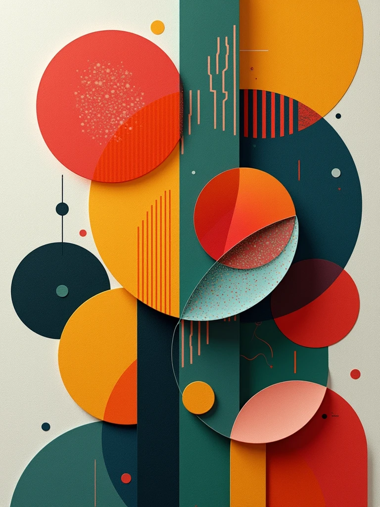 An eye-catching abstract artwork featuring a dynamic arrangement of geometric shapes and vivid colors. The composition includes overlapping circles, sharp-edged polygons, and fluid lines, all interwoven to create a sense of rhythm and flow. A bold color palette of rich reds, bright greens, sunny yellows, and deep blues contrasts beautifully against a textured background of soft grays and whites. Each shape is filled with intricate patterns—stripes, dots, and gradients—that add depth and complexity to the piece. Light and shadow play across the forms, creating a three-dimensional effect that draws the viewer in. The overall composition is energetic and playful, evoking a sense of movement and spontaneity. The artwork invites exploration, encouraging viewers to discover new details with each glance. Hyper-detailed digital art, modern abstract style, vibrant and contrasting colors, highly detailed, 8K resolution. style of greg rutkowski,janek sedlar,jenny saville