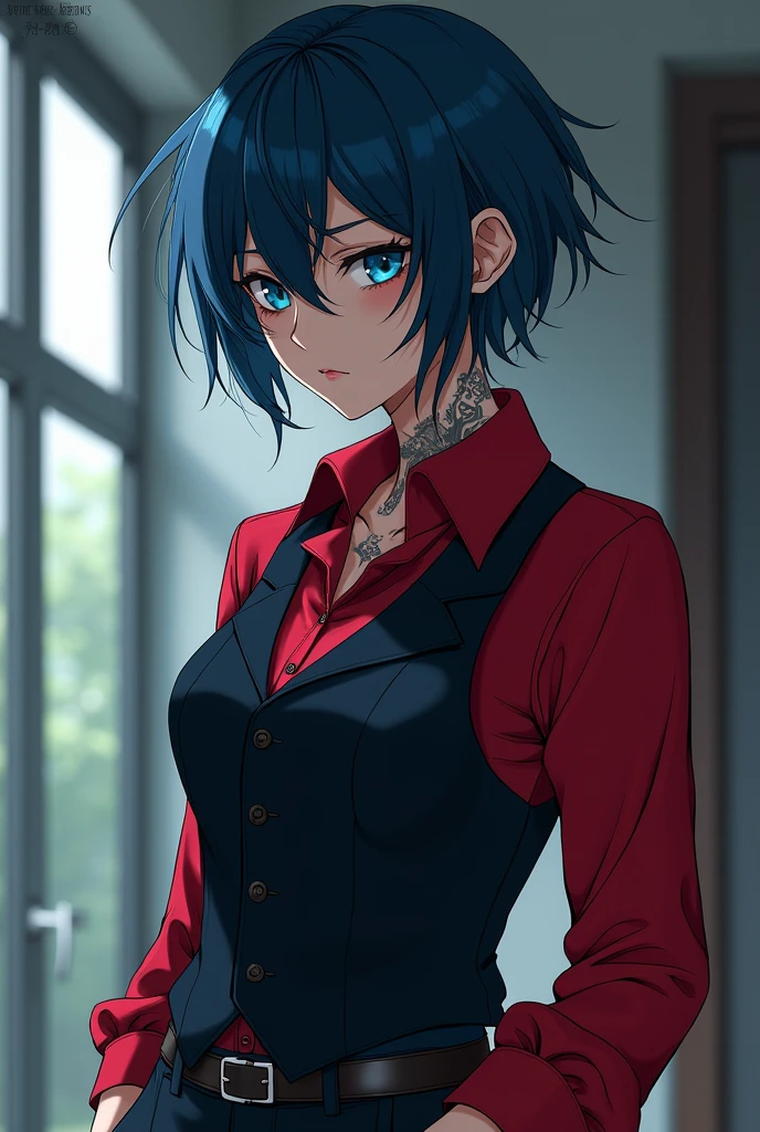 adult woman, has short, messy hair, dark blue color , eyes with pool blue iris, has a scar on her right cheek. Has a clear, soft and well-maintained skin, with scars and tattoos . The girl is dressed in a red dress shirt with black pieces, over a dark vest and dark blue pants that go with the look from below,
アニメ