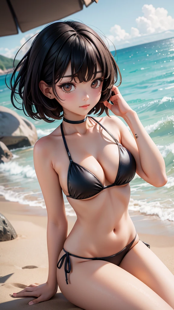 1_girl, solo, 25-years-old korean girl. slender and medium breast. brown eyes. short black hair and bangs in the front. Wearing black bikini, walking on the beach, dusk beach background  sitting on the sand, leaning back