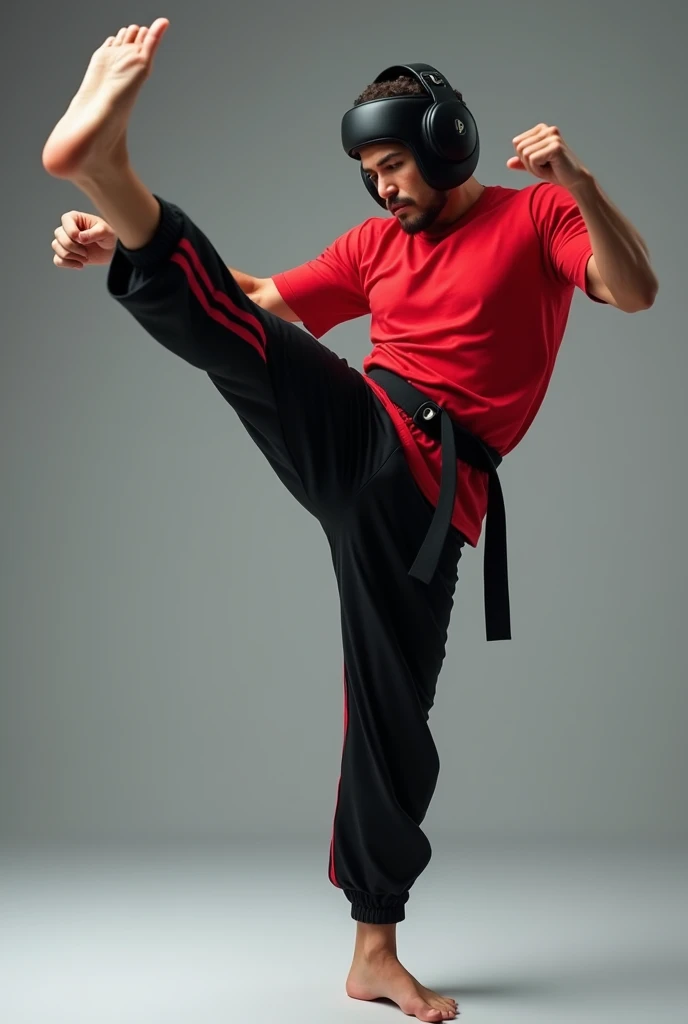 (photorealism:1.2), Man kicking high with red shirt, black belt, black sport pants with black stripes, barefoot and head protection.